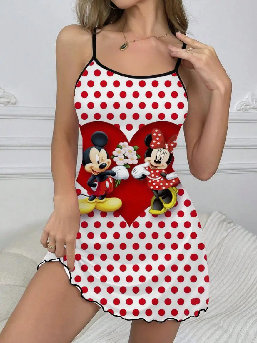 Slip Dress girocollo moda abiti estivi 2024 Disney lattuga Trim abiti eleganti per le donne Minnie Mouse Chic Mini Sexy Trim