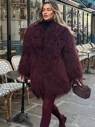 2024 Winter New Burgundy Fluffy Fur Coat Women Oversize Long Sleeve Faux Fur Plush Jackets Female Commute Street Outwear