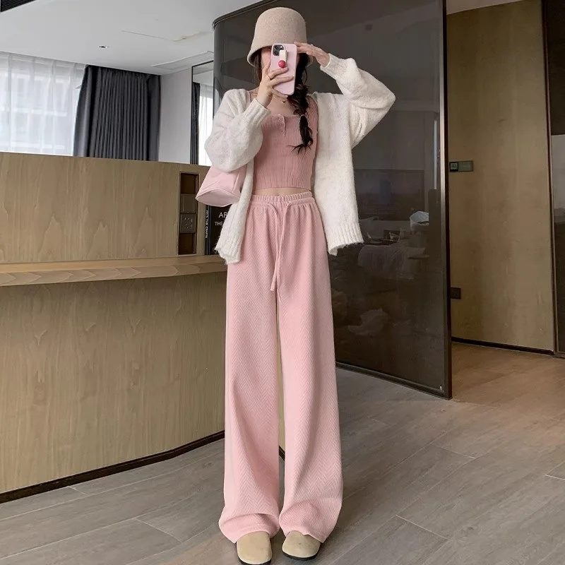 ارتفاع الخصر بنطال ذو قصة أرجل واسعة المرأة الخريف الشتاء فضفاض عادية طول الأرض بنطلون صوف مبطن الكاكي السراويل مزيج البوليستر #3