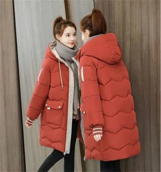 Women Winter Mid-length Quilted Coat Hooded Overcoat Thick Warm Jackets Contrast Pockets Fashion Parkas Casual Loose Down Jacket