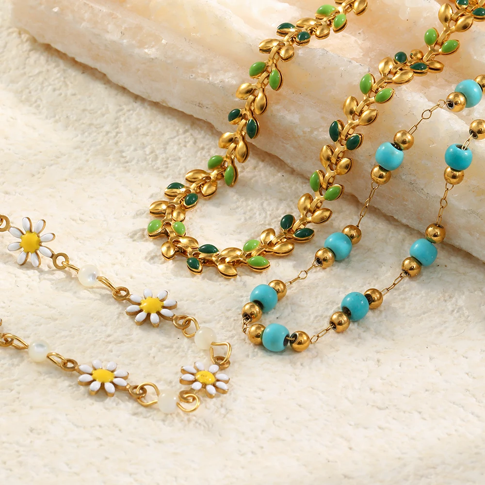 MamacitaSlay Bohemia 316L Stainless Steel Beaded Daisy Flower Necklace 18K Gold Plated Waterproof Jewelry For Women Daily Wear