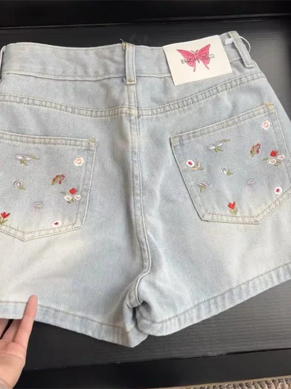 

Casual High Waist A-Line Short Jeans Women's Summer Thin Wide Leg Pocket Design Floral Print Slimming Hot Pants