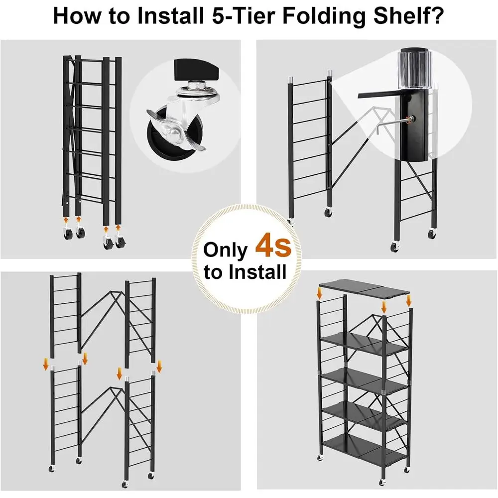 Opvouwbare metalen opbergplanken met 5 niveaus en wielen, verstelbare rekken voor voorraadkast, keuken, garage