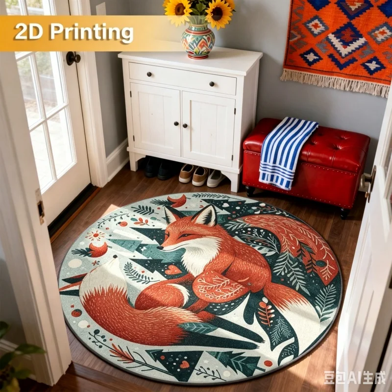 Newest 2D Round Carpet Folk Art Fox Pine Tree Floral Round Rug Non Slip Woodland Kids Bedroom Floor Carpet