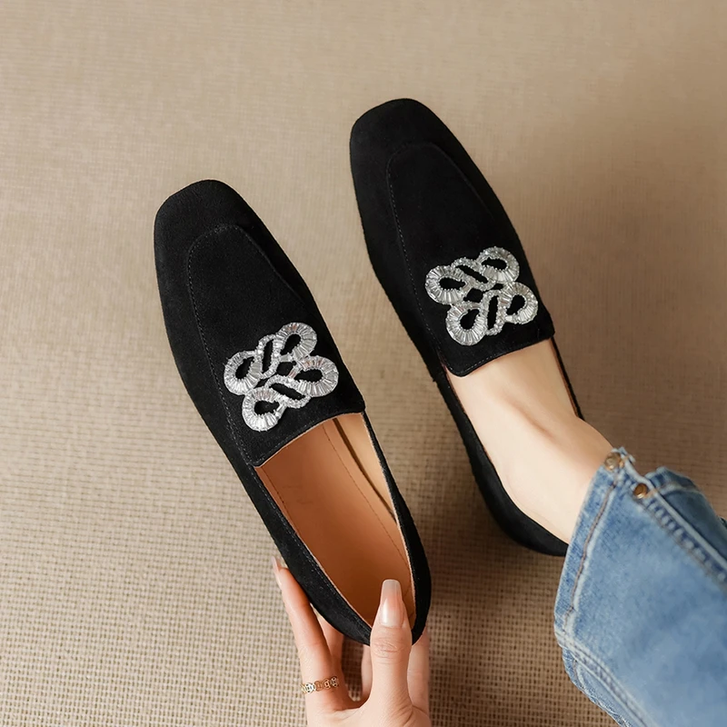 Women's new spring and autumn square toe genuine leather sheep suede metal accessories low heel loafers casual single shoes