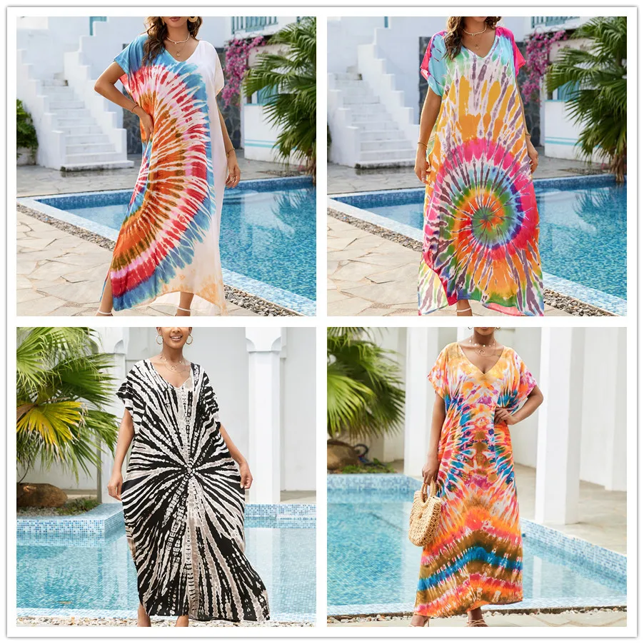 Multicolored Kaftan Bohemian Printed Bikini Cover Up V-neck Batwing Short Sleeve Maxi Dress Women Beachwear Beach Dress Robe