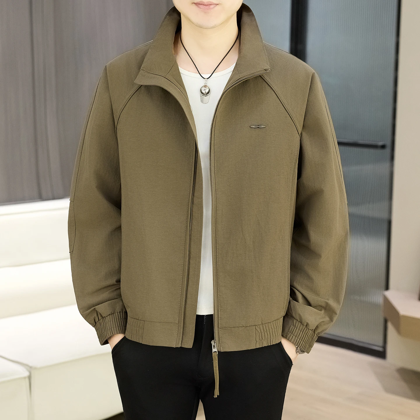 

Casual Sli Men's Jaet Spring Autumn Thin Stand Collar Versatile Faionable Polyester Fiber Long Sve Zipper Decoration