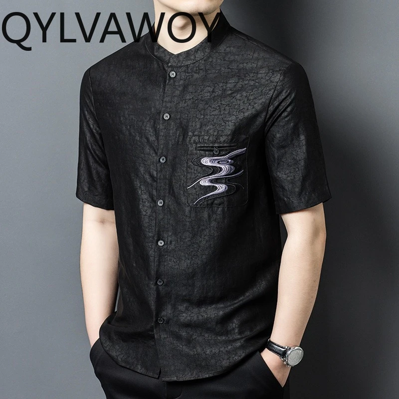 QYLVAWOY High-end Men's Shirt 100% Real Mulberry Silk Man Shirts Short Sleeve Thin Summer Tops Embroidery Menswear Clothing New