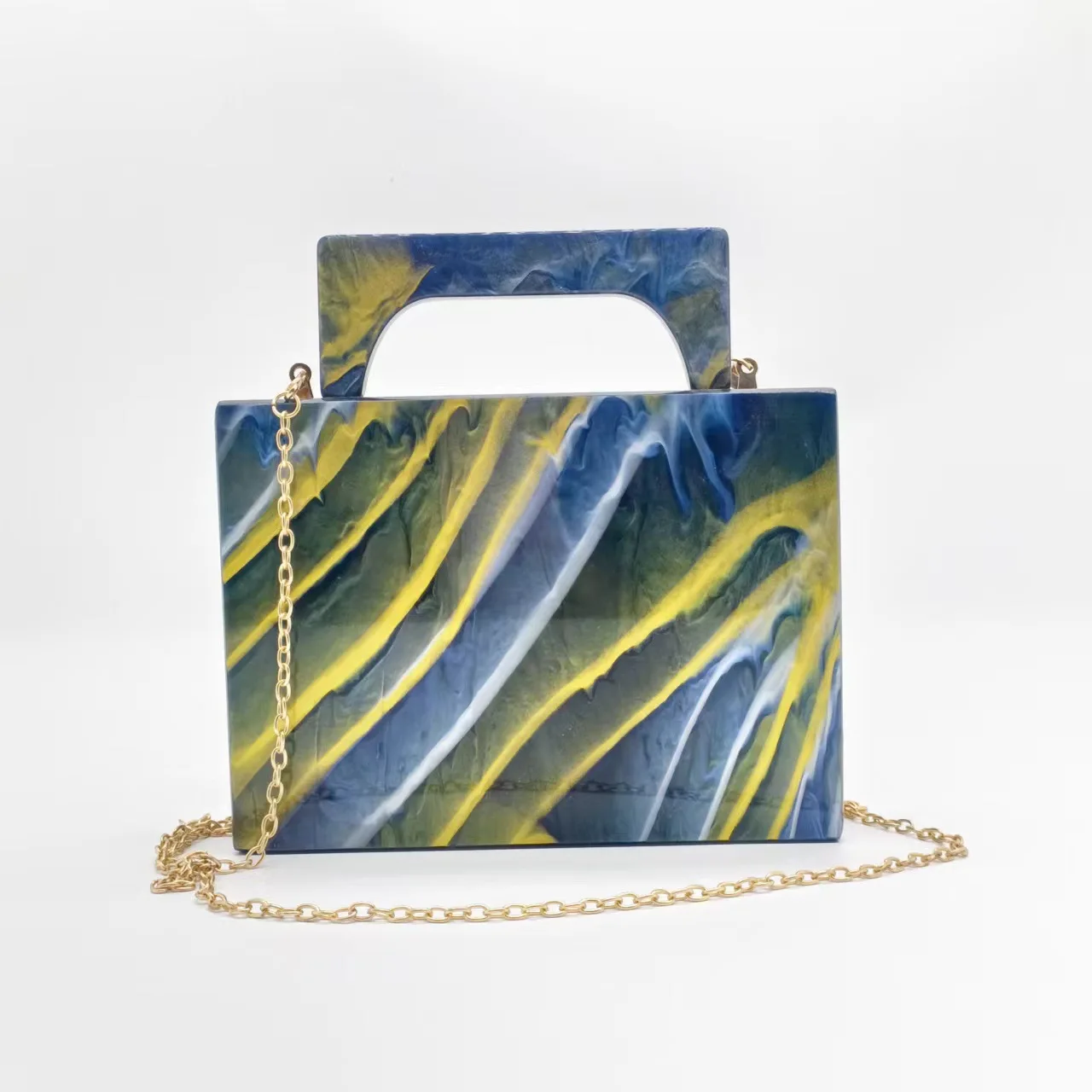 Multicolored Women Marble Blue Acrylic Box Clutch Purse Evening Bags Wedding Party Bridal Handbags Minaudiere Top Handle Flap