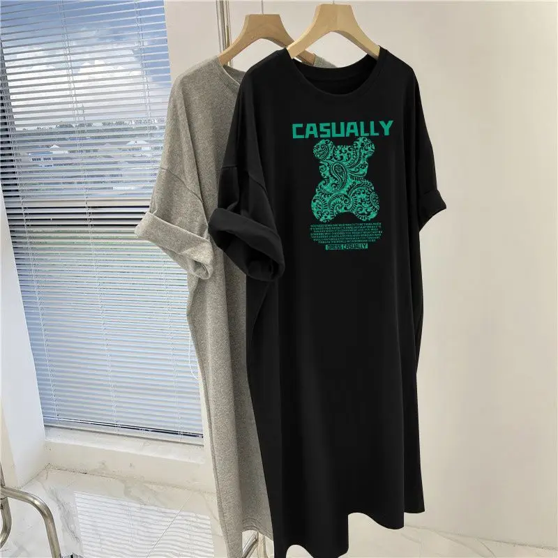 Women Clothing Cartoon Printed Tunics Summer Short Sleeve Casual Long T-shirt Short Sleeve O-neck Top Over the Knee Pullovers