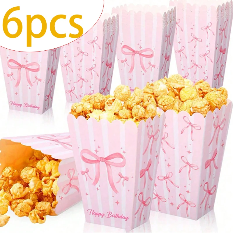 6-18PC Rosa Schleife Papier Popcorn Boxen Weihnachten Fliege Snack Candy Boxen Mädchen Party Geschenk Box für BBQ Französisch Frites Party Dekoration – Detail 2