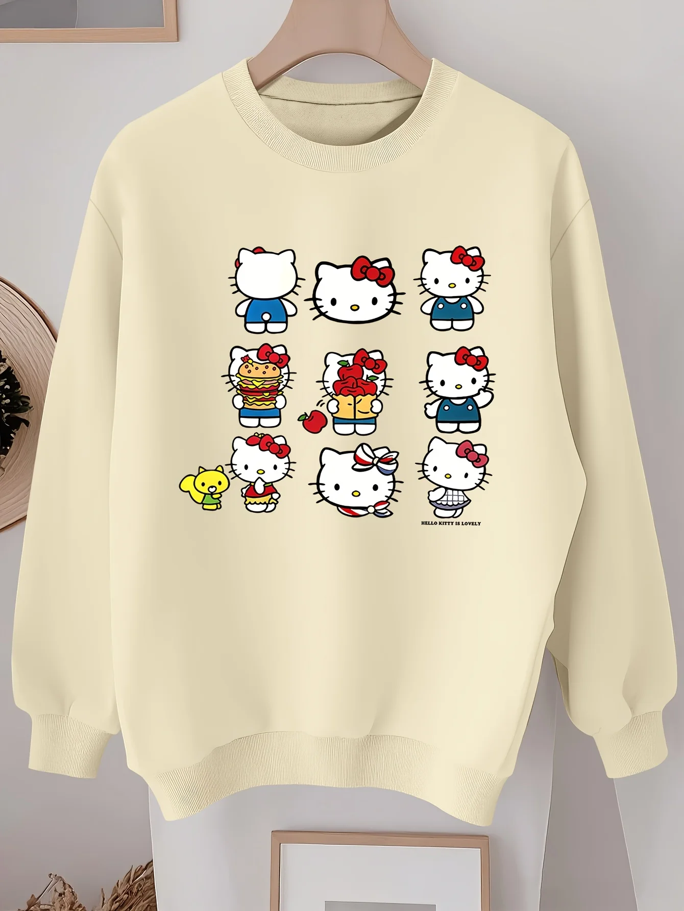 سويت شيرت نسائي من Sanrio Hello Kitty برقبة دائرية، بلوفر للجنسين من الصوف كاجوال للخريف والشتاء، ملابس خروج كبيرة الحجم