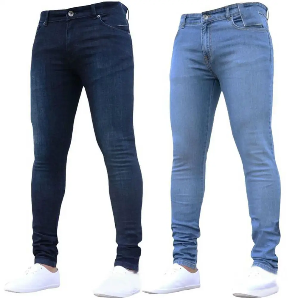 Pantalones vaqueros azules, ropa de calle, pantalones vaqueros elásticos a la moda para hombre, pantalones vaqueros ajustados largos para Otoño e Invierno, mallas ajustadas para hombre