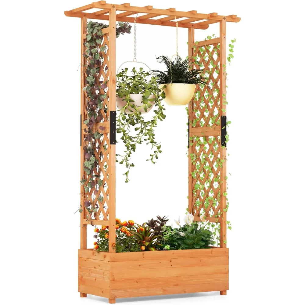 

Plant Stand.72Inch Raised Garden Bed with Arch Trellis,Hanging Roof &Drainage Holes, Vertical Plant Container for Vine Climbing