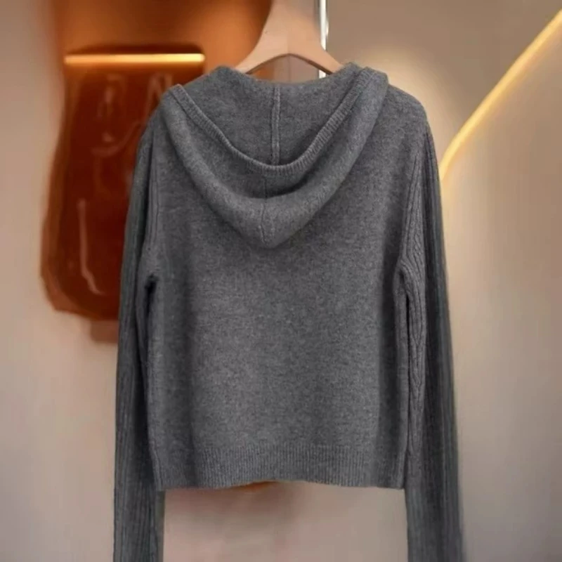 Autumn Winter Women Solid Gray Cropped Knitted Hoodie Long Ribbed Sleeve Loose Soft Casual Daily Wear Lady Pullover Sweater Tops