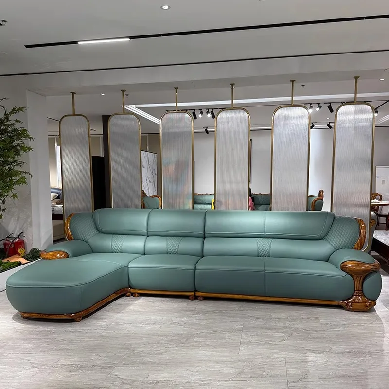 European ebony leather sofa 123 combination size villa living room new Chinese solid wood corner L sofa