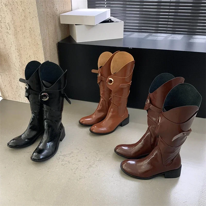 

Aneikeh/сапоги до колена с круглым носком и металлическим ремнем, пряжкой и ремешком, женские длинные ботильоны на квадратном низком каблуке с молнией