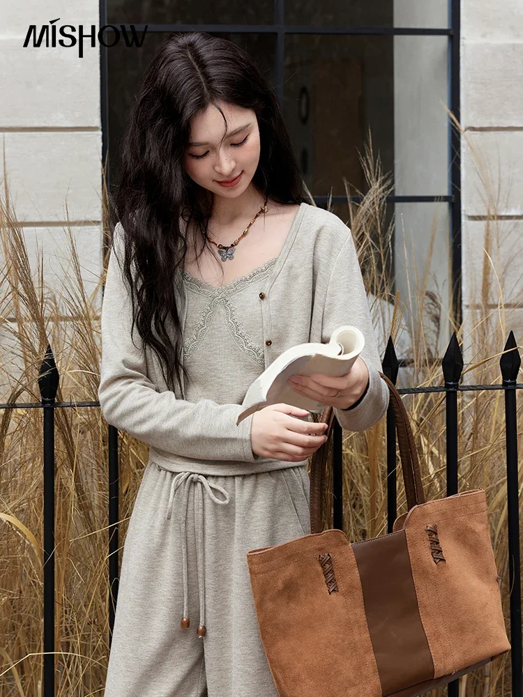 MISHOW French Women Lace Splicing Camisole Cardigan Straight Pants Separately Solid Top Elastic Waisted Pants MXD47T0405