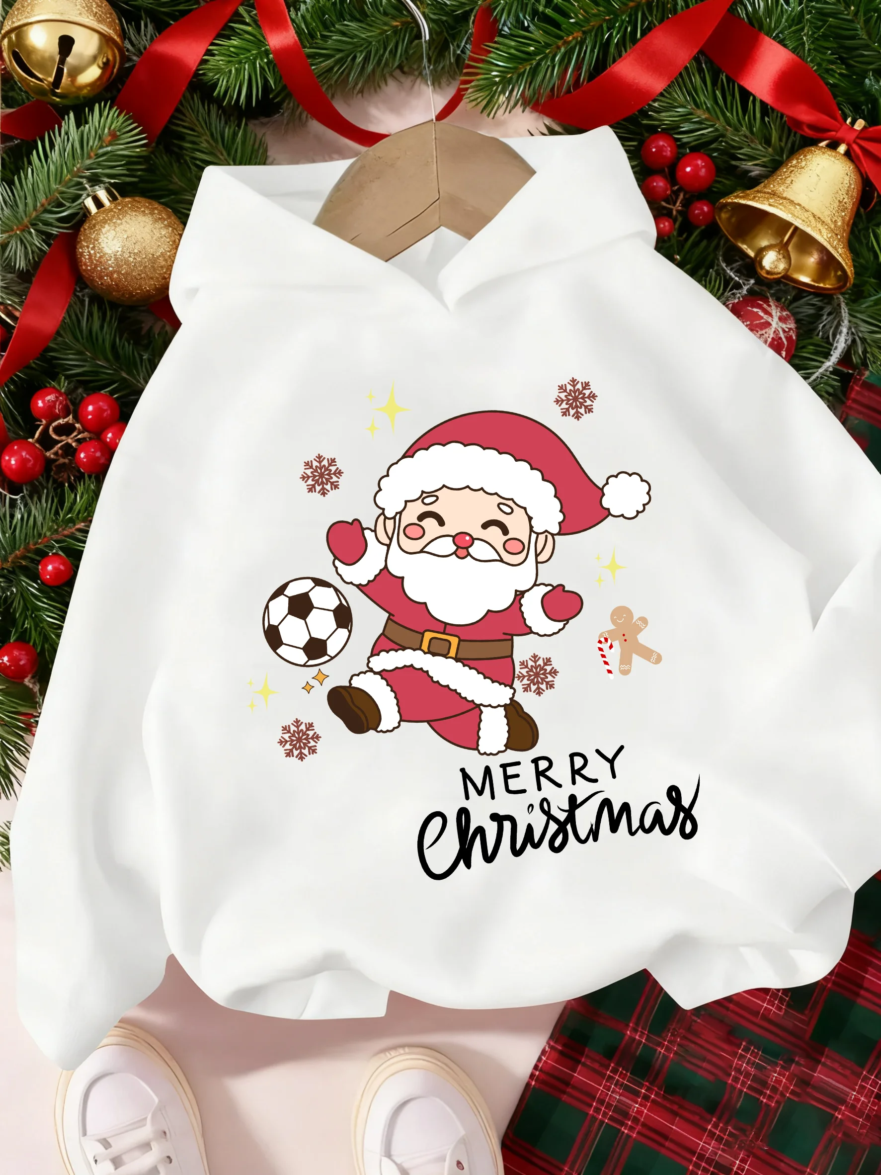 

A Simple And Casual White Hooded Sweatshirt With A Cartoon Santa Claus Print Pattern For Boys In Autumn, Suitable For Daily Outi