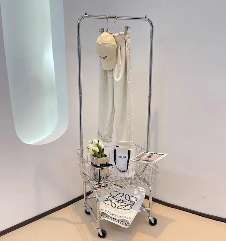 

SAT2 49 Clothing store display rack with movable wheels, floor to ceiling clothes rack with basket, live broadcast room, photog
