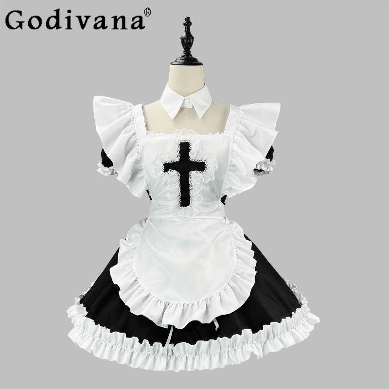 일본 고전 반팔 드레스 소녀 여름 메이드 귀여운 코스프레 의상 드레스 여성 할로윈 역할 놀이 드레스