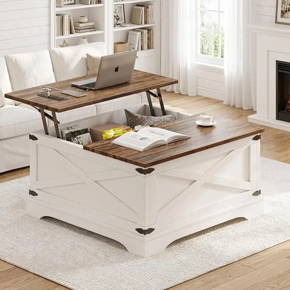 

Modern Storage Coffee Table, Square Living Room Table with Charging Ports, White, 31.5