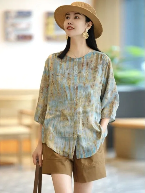 

Casual Printed Chiffon irt Large Size Women's Faion Summer Loose Anti-Aging Seven-Sve Top Design Sense Commute Sle