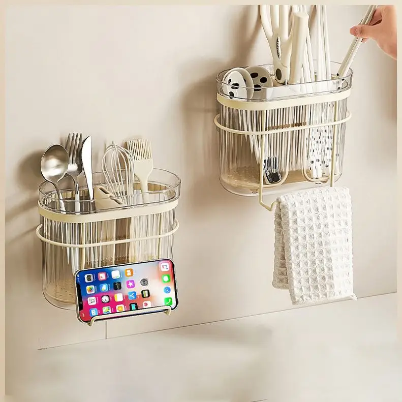 Kitchen wall-mounted drainage chopstick knife holder multi-functional tableware double-layer storage cage