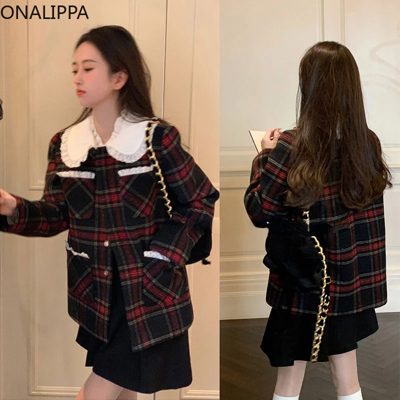 Onalippa Contrast Plaid Wool Coat Wood Ear Hem Peter Pan Collar Loose Jacket Korean Preppy Style Winter Women Coat Warm 2022