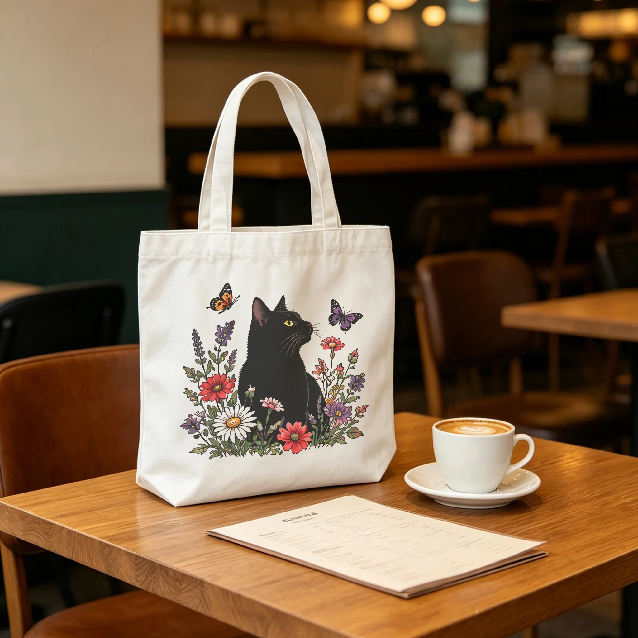 Canvas Tote Designer - Black Cat Floral Design 6 Grocery