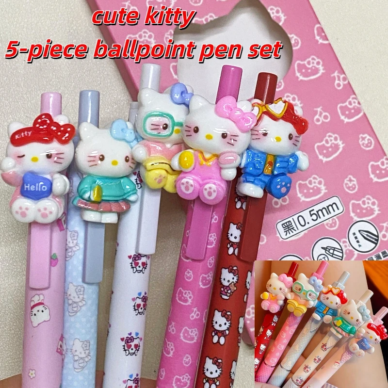 5-teiliger süßer Kitty-Press-Kugelschreiber, mehrfarbig, Cartoon-Anime-Styling-Schreibstift, 0,5 mm, schwarz, schnell trocknend, Unterschriftenstift, Geschenk