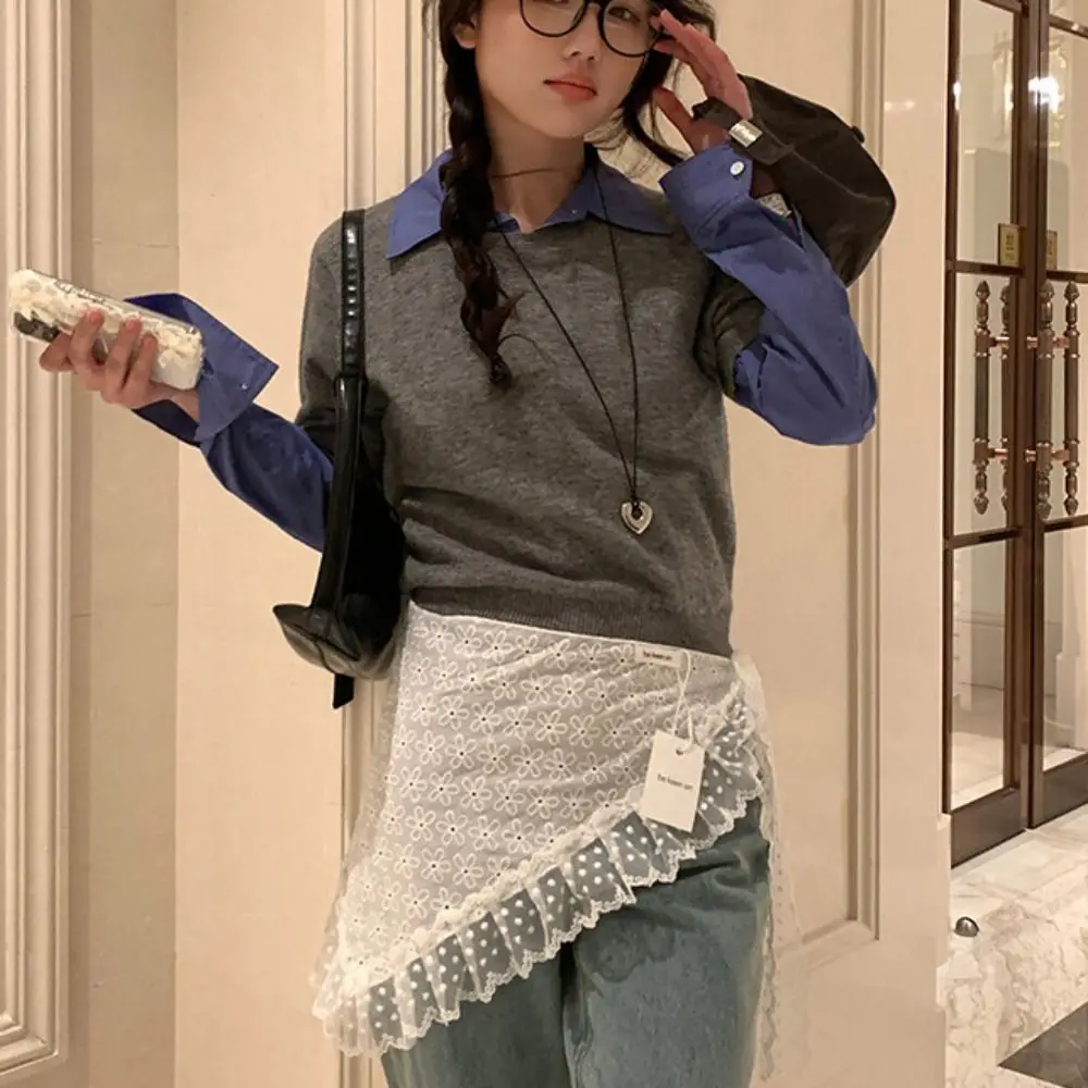 Rok Mini Renda Manis Modis Rok Kasa Bunga Gaya Korea Rok Tepi Ruffle Bertali Pinggang Tinggi Anak Perempuan