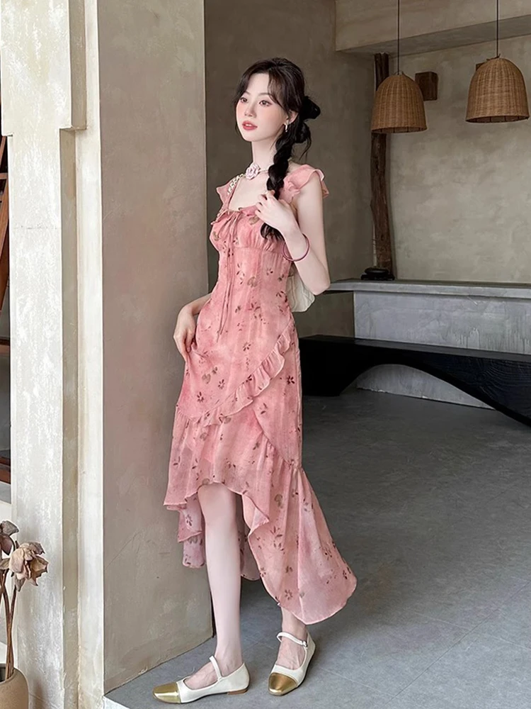 Vestido de Gasa con Estampado Floral de Verano, Cuello Cuad, Cintura Alta, Estilo Coreano, Vestido Largo para Mujer