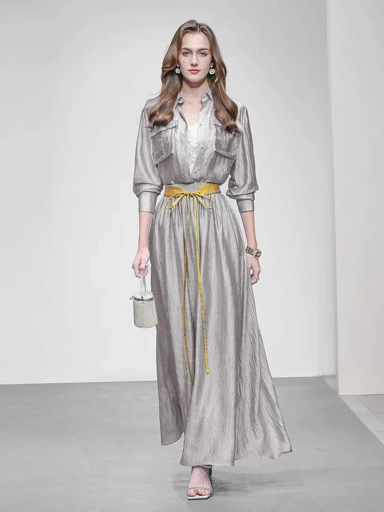 

Summer 2026 Transparent Lace A-Line Shirt And Skirt Set Loose Fit Long Sleeve Casual Workwear Pure Color Two-Piece Suit
