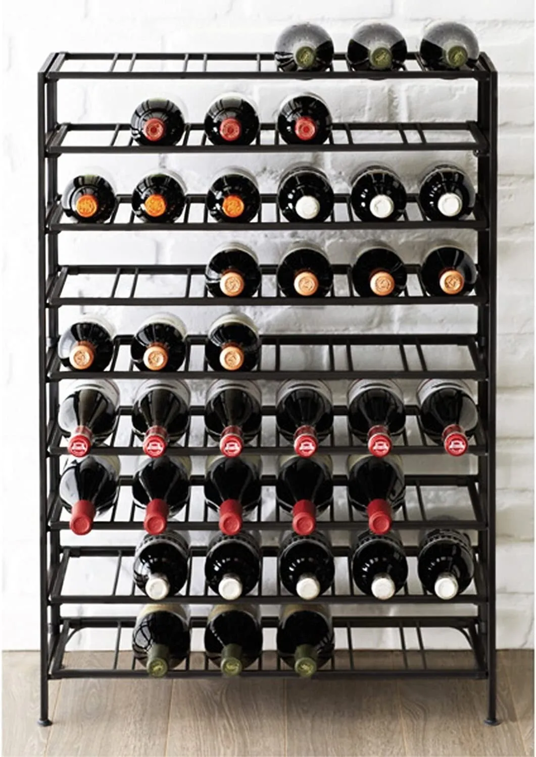 

Black Metal Wine Rack Freestanding Floor Stand, 9 Tier Beverage Bottle Shelf
