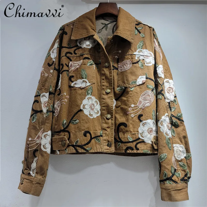 

Vintage Turn-Down Collar Embroidered Floral Denim Jacket Women Spring New Fashion Long Sleeve Streetwear Versatile Slim Top