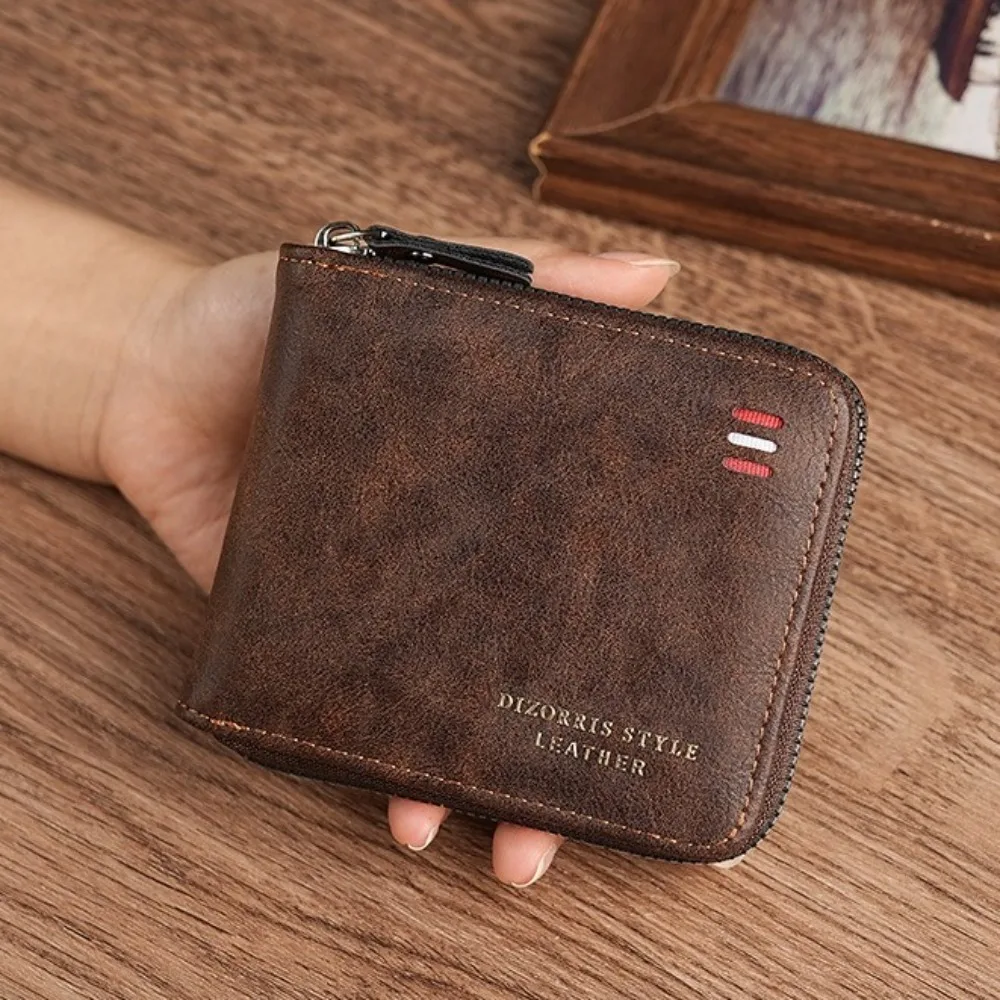 

Fashion PU Leather Men Short Wallet Solid Color Zipper Business Clutch Bag Folding Multi Card Slot Card Holder Travel