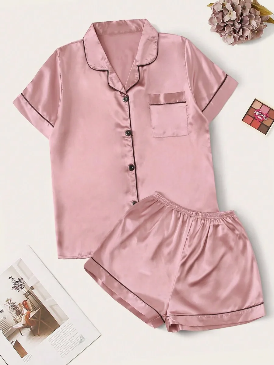

Pink Satin Pajama Set With Contrast Piping Short Sleeve Top And Shorts