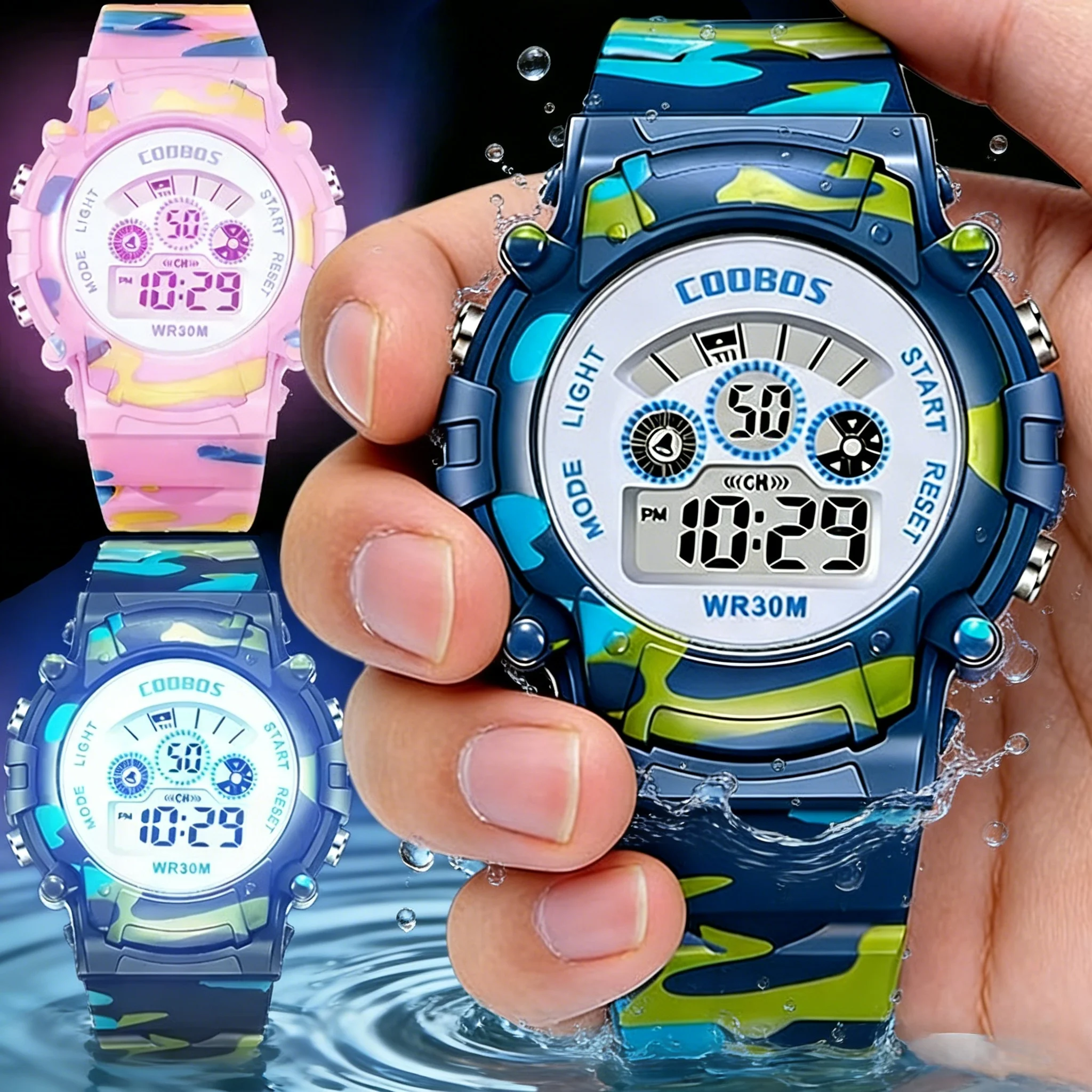 

Детские электронные часы с цветным светящимся циферблатом, водонепроницаемые, многофункциональные, светящиеся, с будильником, часы для мальчиков и девочек