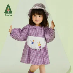 Amila Baby Girl Dress 2023 Spring New 100% Cotton A-Line Dresses for Girls Plaid Sweet Fashion Patchwork Children Clothes