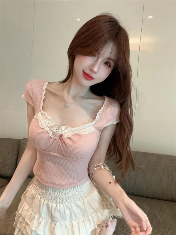 Pure Desire Sexy Short Sleeve T-Shirt Women's Summer New Lace Trim Square Collar Fly Sleeve Korean Style Slim Fit Polyester
