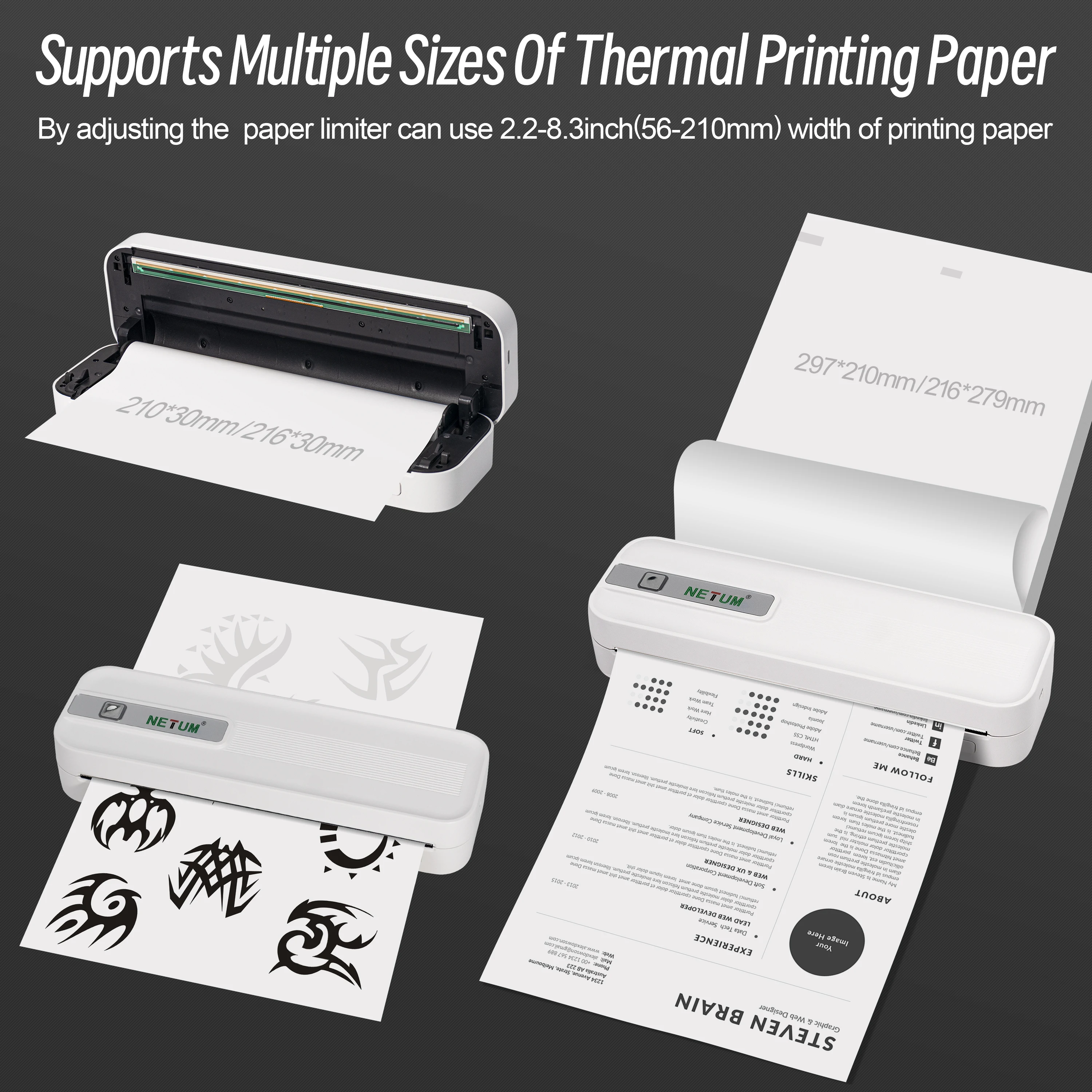 Portable A4 Thermal Printer Bluetooth 200DPI Inkless Wireless Mobile Printer for Office/Home/Travel Document Printing
