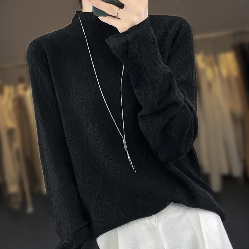 

Fashion Top Lace Trim Base Layer Casual Style Comfortable Fit Half-High Collar Long Sleeve Knitted Shirt Wool Simulation