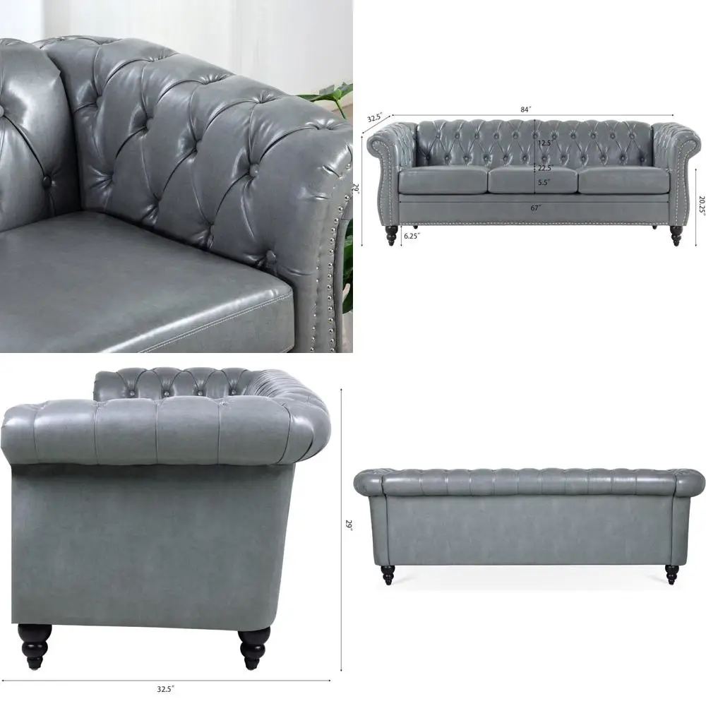 

Классический кожаный диван с обивкой и декоративной стежкой, 3-местный, для гостиной или офиса (серый)
