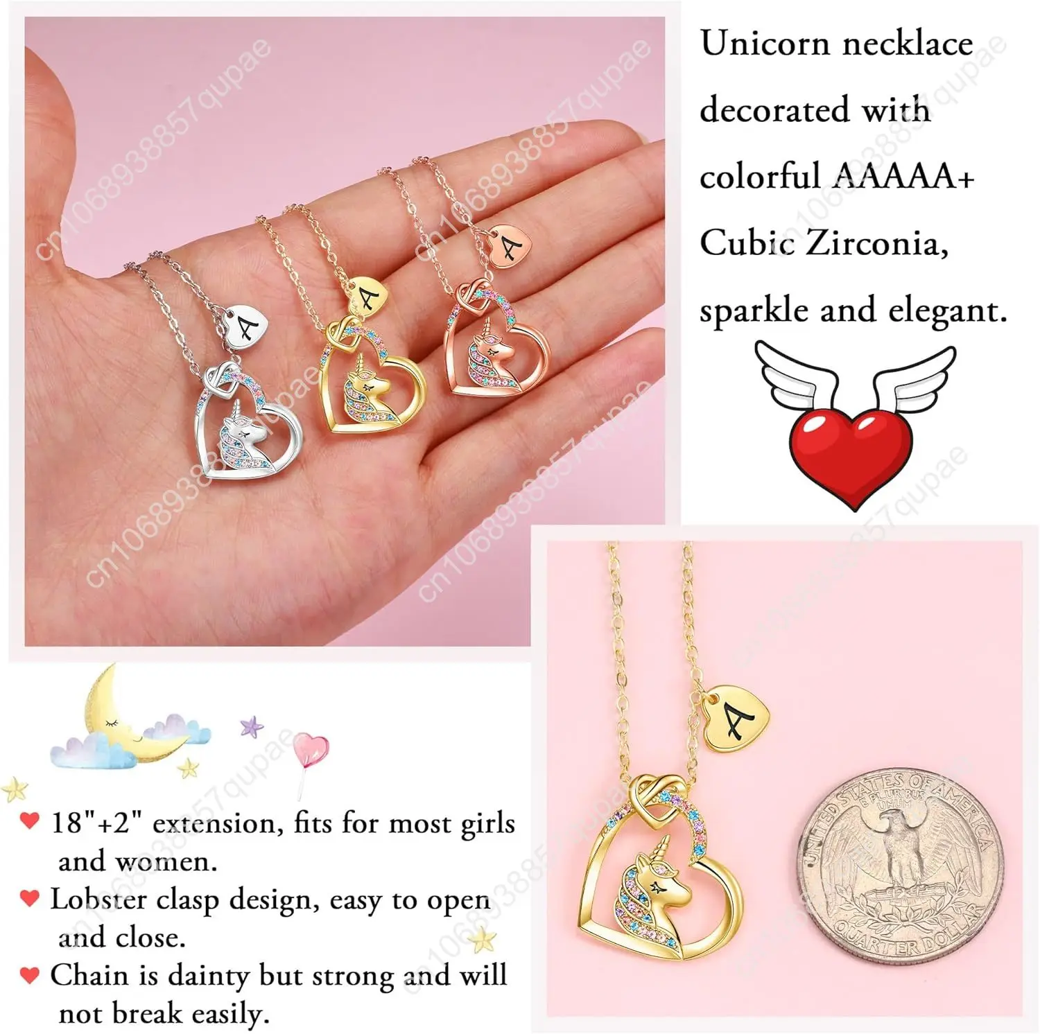 Lovely Colorful Diamond Heart Pendant Necklace Unicorn Necklace 14K Plated  Gold Rose Gold White Gold Girl Valentines Day Gifts