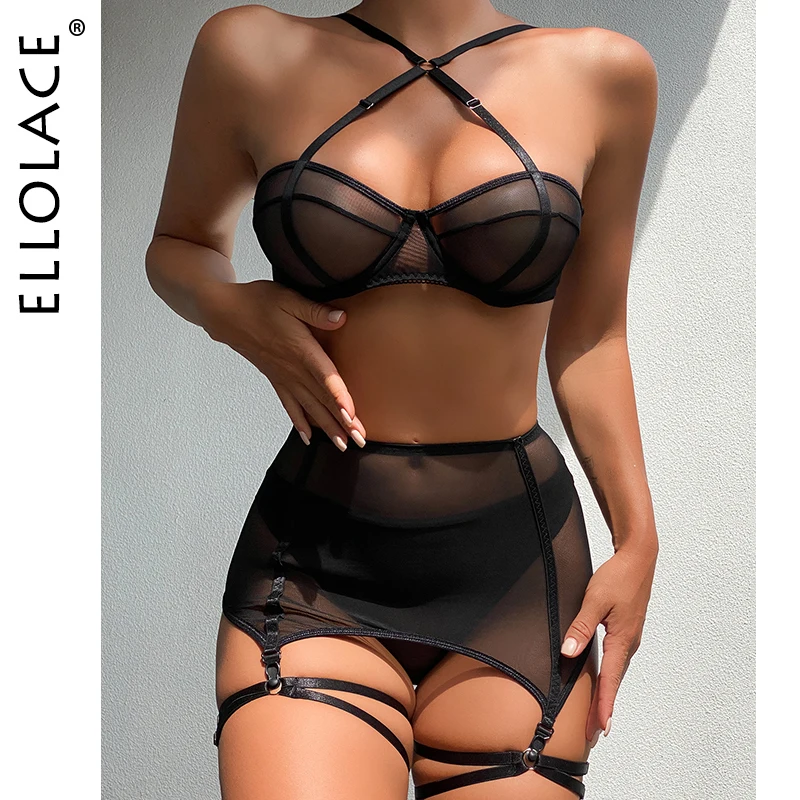 

Ellolace Sensual Lingere Exotic Bandage Garter With Stockings Transparent Bra Intimate Hard Woman 3-Piece Black Fancy Underwear