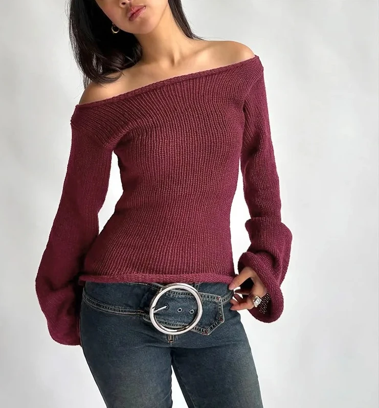 

Женский модный уличный стиль, вязаный топ с длинным рукавом, однотонный, на одно плечо, свободный топ из полиэфирного волокна, средней толщины