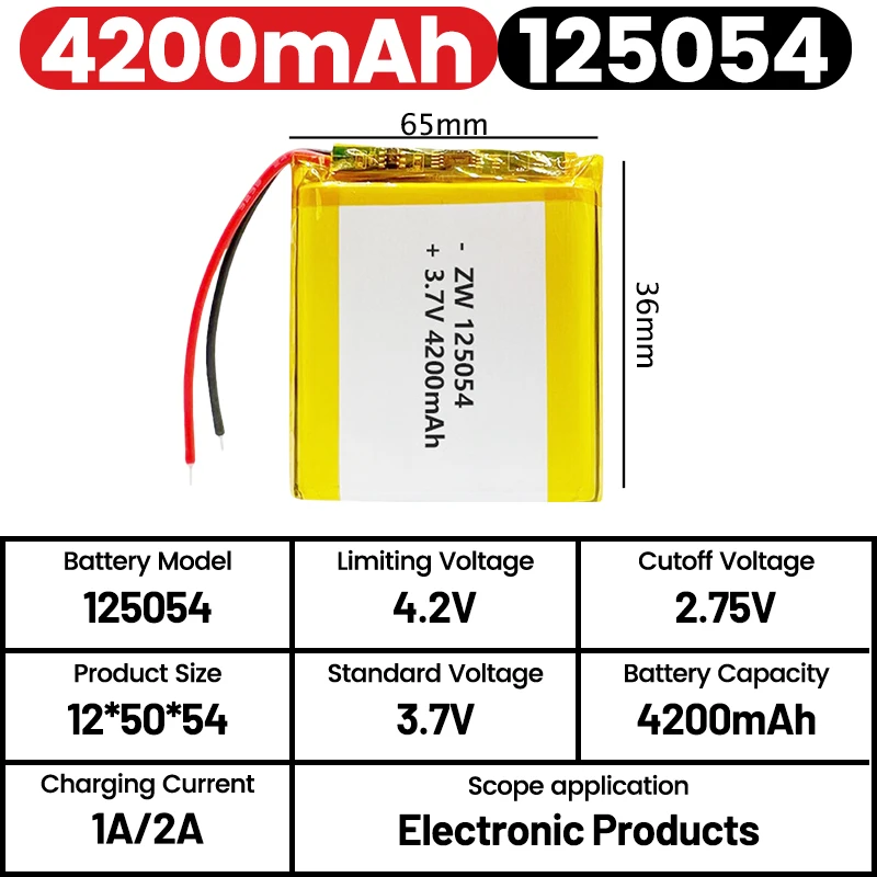 

125054 3.7V 4200mah Polymer Lithium Battery Full Capacity Built in Cell Digital Toy Model Battery +PH2.0 XH2.54 JST1.25 plug