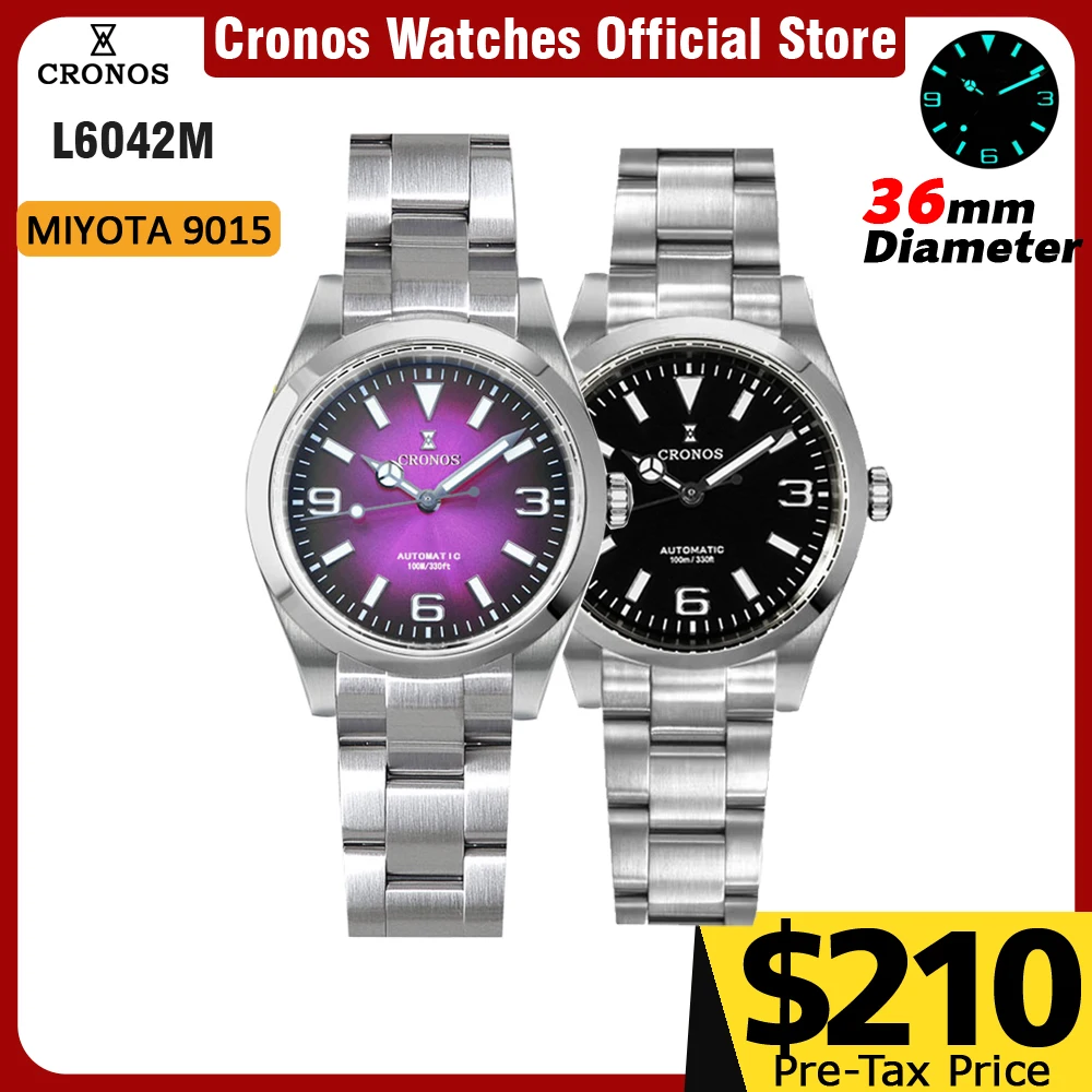 

Cronos EX Механические мужские часы 36 мм Miyota 90S5 Автоматический браслет с втулкой из сапфирового стекла 10ATM градуированный циферблат L6042M