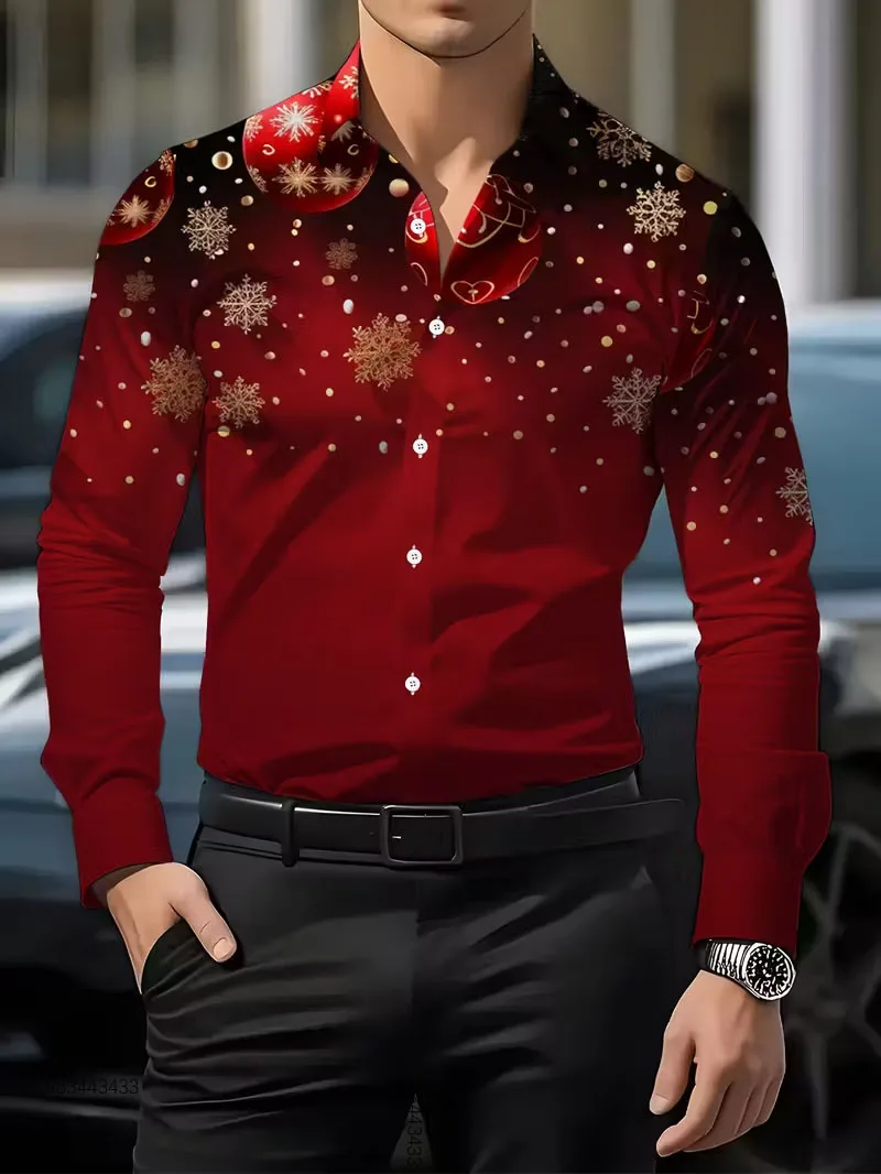 

10 Colors Men's Summer Christmas Snowflake HD Print Long Sleeve Shirts for Daily Wear Plus Size XS-6XL Fast Shipping